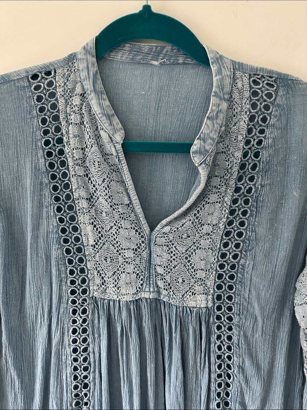 Boho Y2K Light Blue Lace-Trim Women's Peasant Top Eyelet Detail Cottagecore - Picture 2 of 12